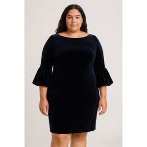 Eliza J Navy‎ Blue Velvet Bell Sleeve Pencil Dress Knee Length Scoop Back